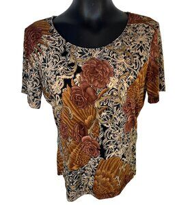 Susan Lawrence - Mesh Blouse Womens L Earthtone Angel Wing Floral Damask